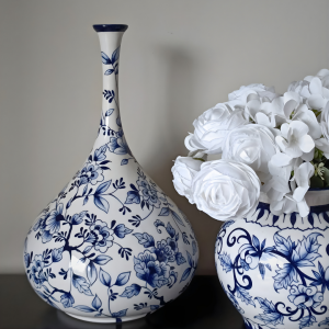Ivy Mavi Beyaz Çini Vazo | 40 cm